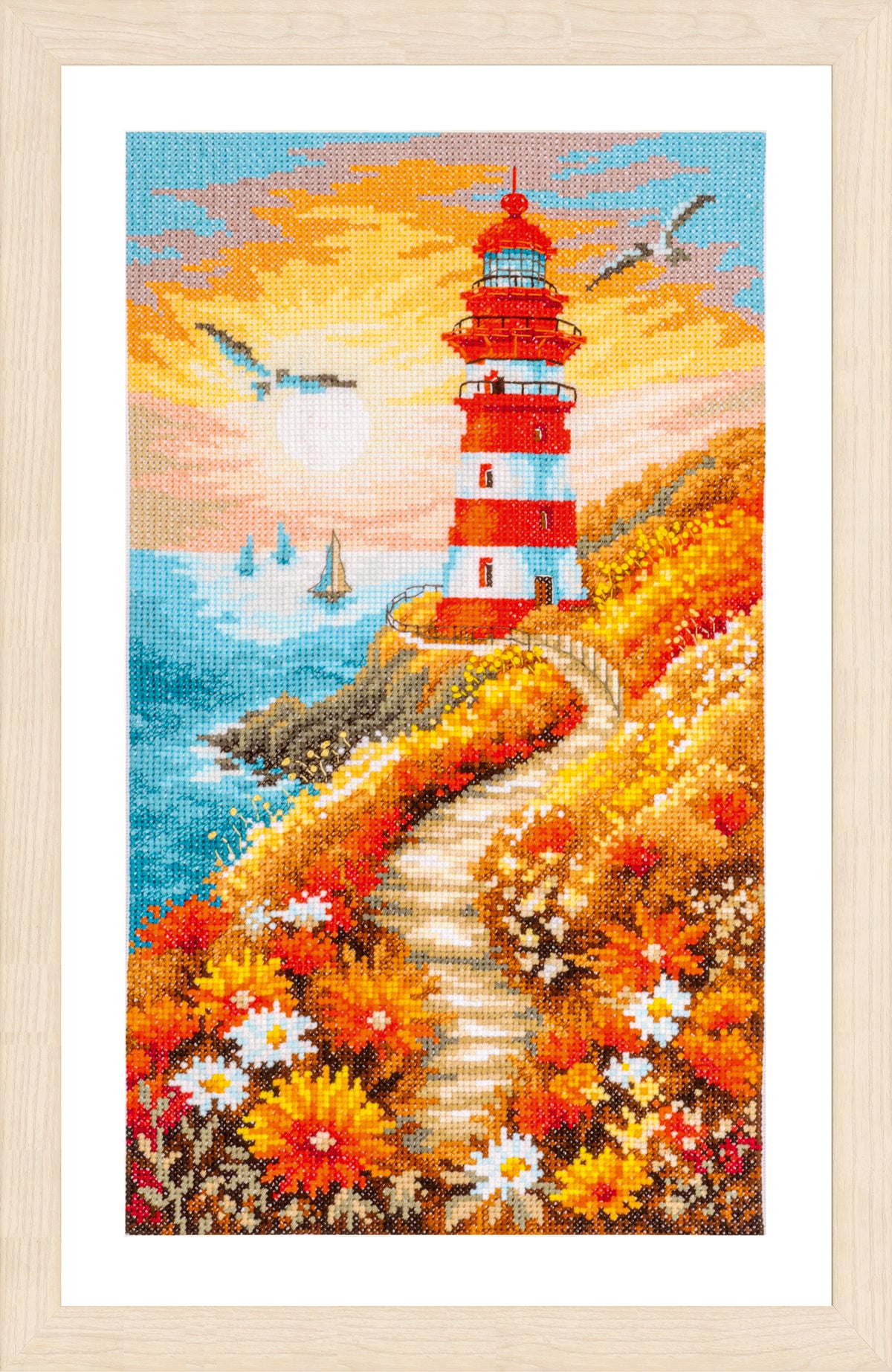 Lanarte floral lighthouse path cross stitch kit design