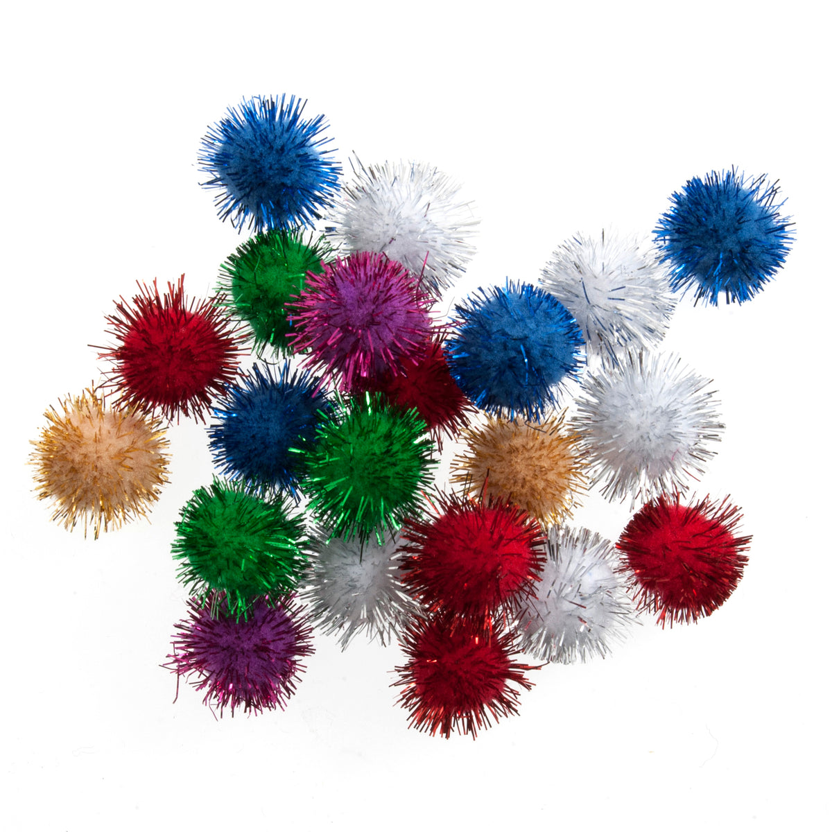 Pile of small multicoloured metallic pom poms