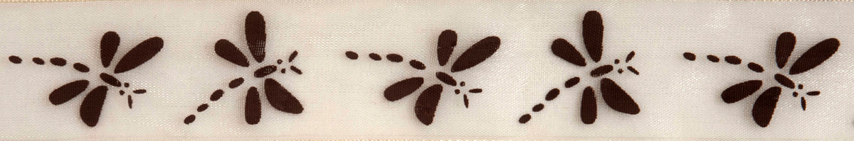 Sheer cream organdie ribbon with brown dragonfly pattern
