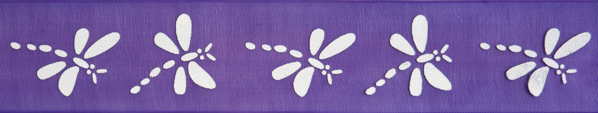 Sheer purple organdie ribbon with white dragonfly pattern
