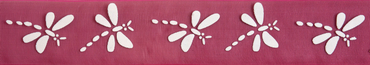 Sheer burgundy organdie ribbon with white dragonfly pattern