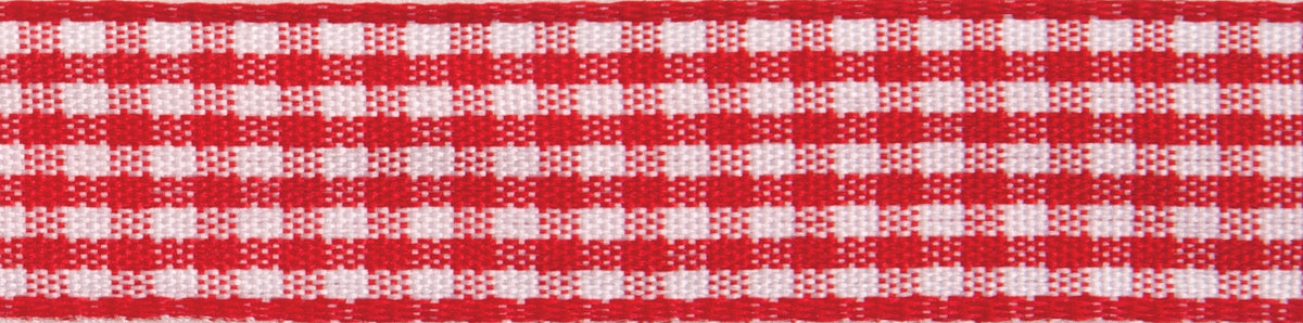 Reel of red with white two-colour gingham check ribbon