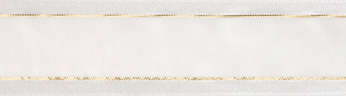 Reel of white organdie ribbon with gold line edging