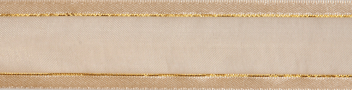 Reel of cream organdie ribbon with gold line edging