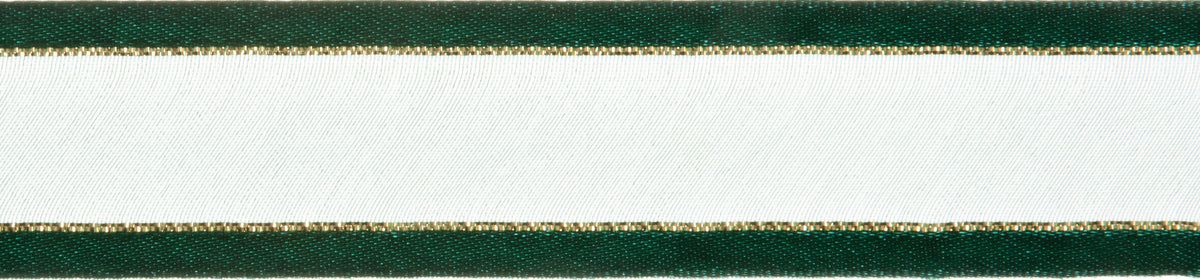 Reel of hunter green organdie ribbon with gold line edging