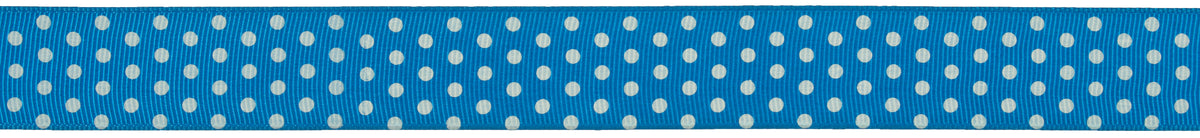 Reel of blue grosgrain ribbon with small white spots