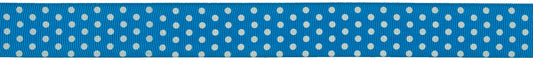 Reel of blue grosgrain ribbon with small white spots