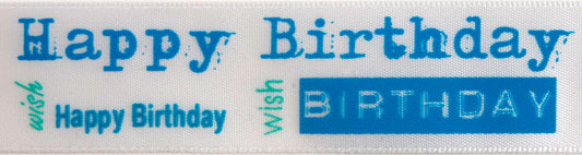 Reel of white satin ribbon printed Happy Birthday in baby blue