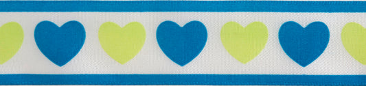 Reel of white ribbon printed with blue and green hearts