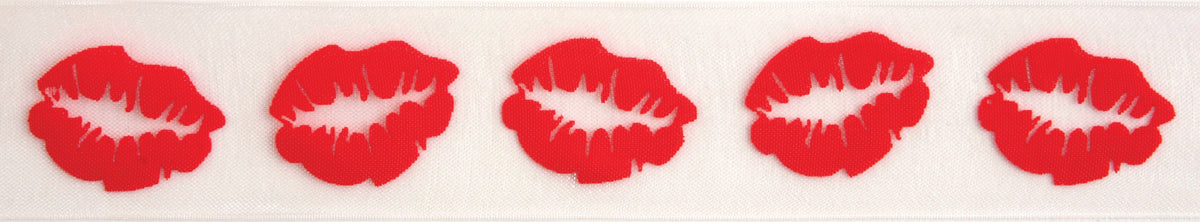 Reel of sheer white organdie ribbon printed with red lips