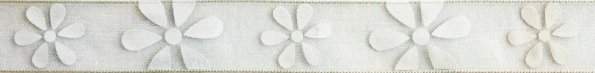 Close-up of daisy print ribbon in white on baby blue