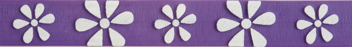 Close-up of daisy print ribbon in white on purple