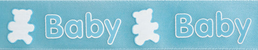 Reel of ribbon printed with babies and teddies in baby blue and yellow