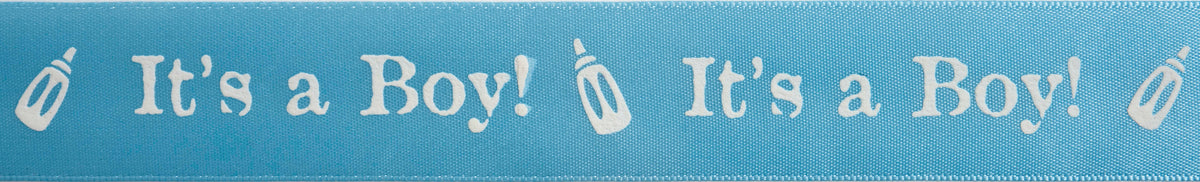 Blue satin ribbon reel printed It's a Boy in white