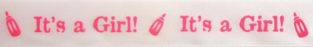 White satin ribbon reel printed It's a Girl in baby pink