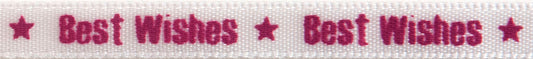 Reel of narrow white satin ribbon printed Best Wishes in pink