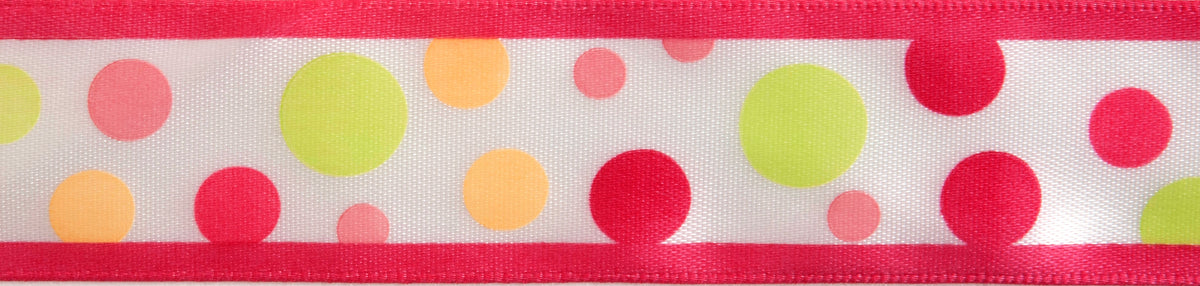 Reel of white ribbon with pink spots