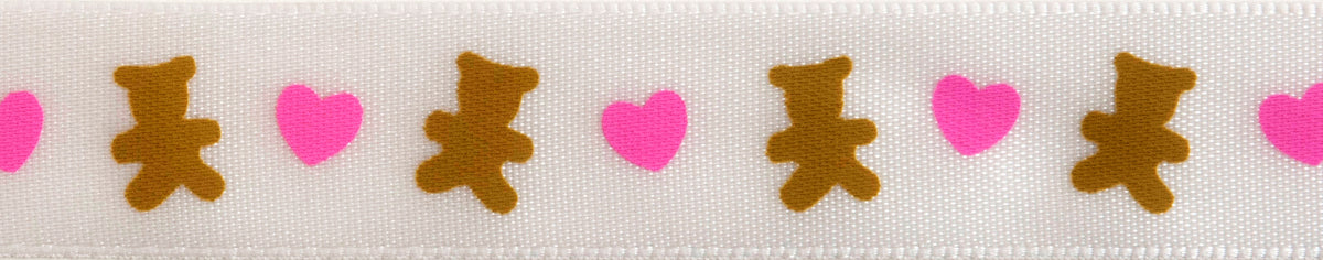 Close-up of teddy bear print ribbon in brown & pink on white
