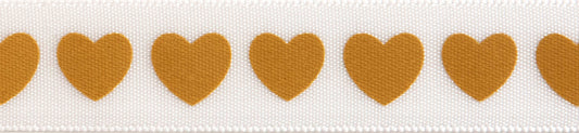 Reel of narrow white satin ribbon printed with cream hearts