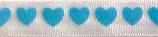 Reel of narrow white satin ribbon printed with baby blue hearts