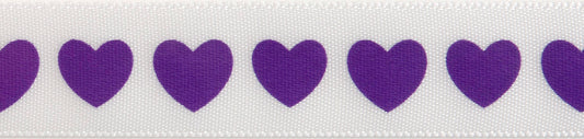 Reel of narrow white satin ribbon printed with purple hearts