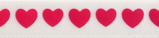Reel of narrow white satin ribbon printed with hot pink hearts