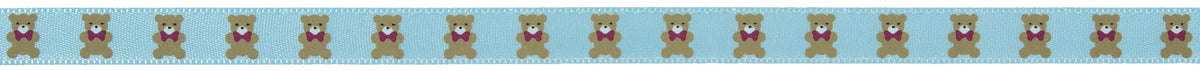 Pale blue satin ribbon printed with brown teddy bears