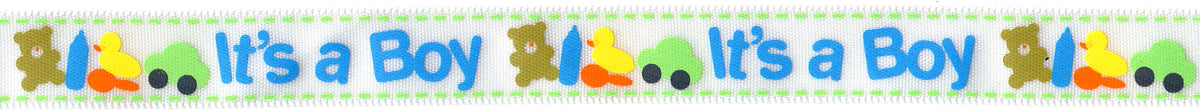 Reel of blue and white satin ribbon printed with It's A Boy and toy motifs