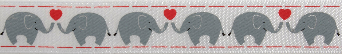 Reel of satin ribbon printed with grey kissing elephants and red hearts
