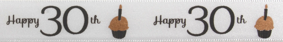 Gold and grey satin ribbon printed Happy 30th