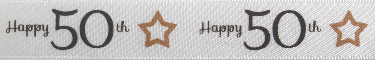 Gold and grey satin ribbon printed Happy 50th