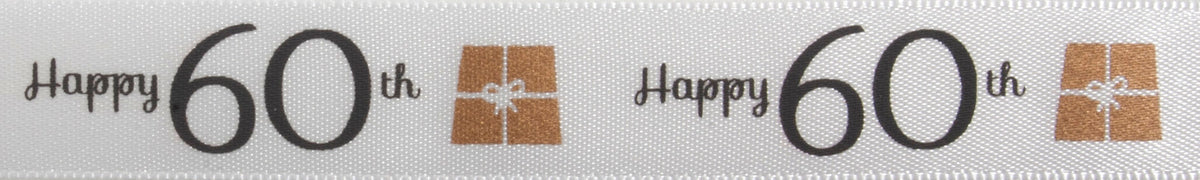 Gold and grey satin ribbon printed Happy 60th