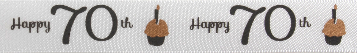 Gold and grey satin ribbon printed Happy 70th