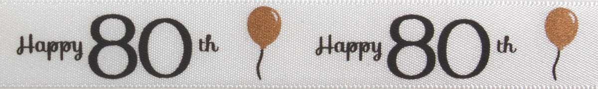 Grey satin ribbon printed with Happy 80th in gold