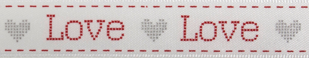 Satin ribbon printed with Love in red and grey
