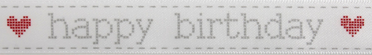 Satin ribbon printed with Happy Birthday in red and grey