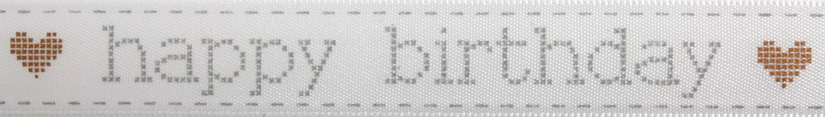 Light grey satin ribbon printed with Happy Birthday in gold