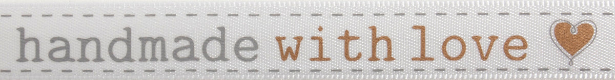Light grey satin ribbon printed with Handmade with Love in gold