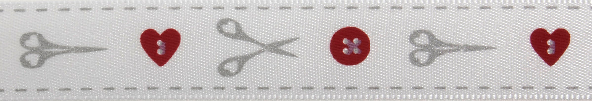 Satin ribbon printed with buttons and scissors in red and silver