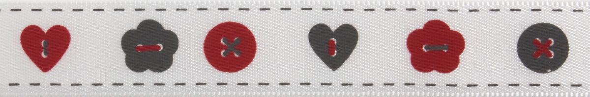 Satin ribbon printed with buttons in red and grey