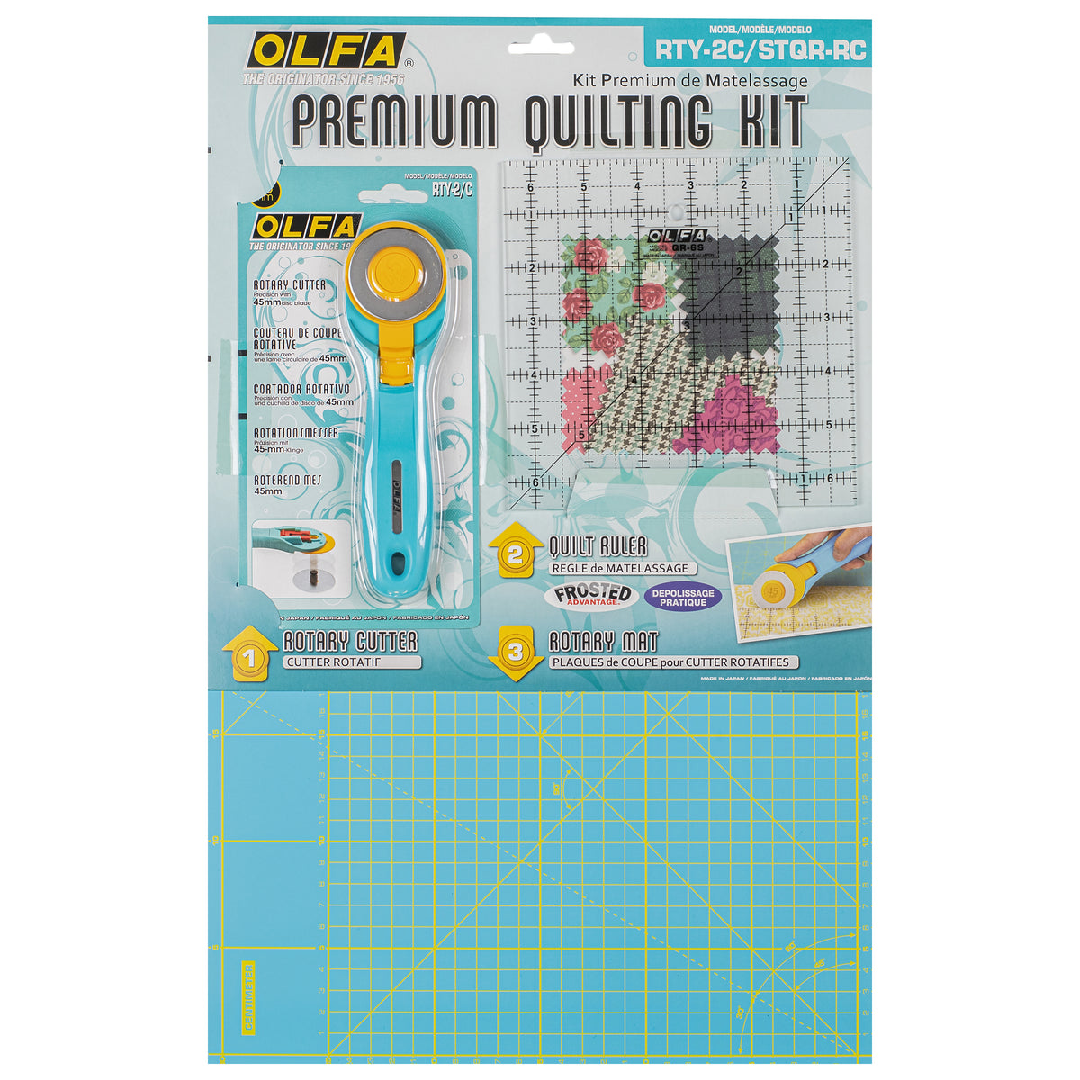 Olfa aqua rotary cutter, square quilting ruler and cutting mat set