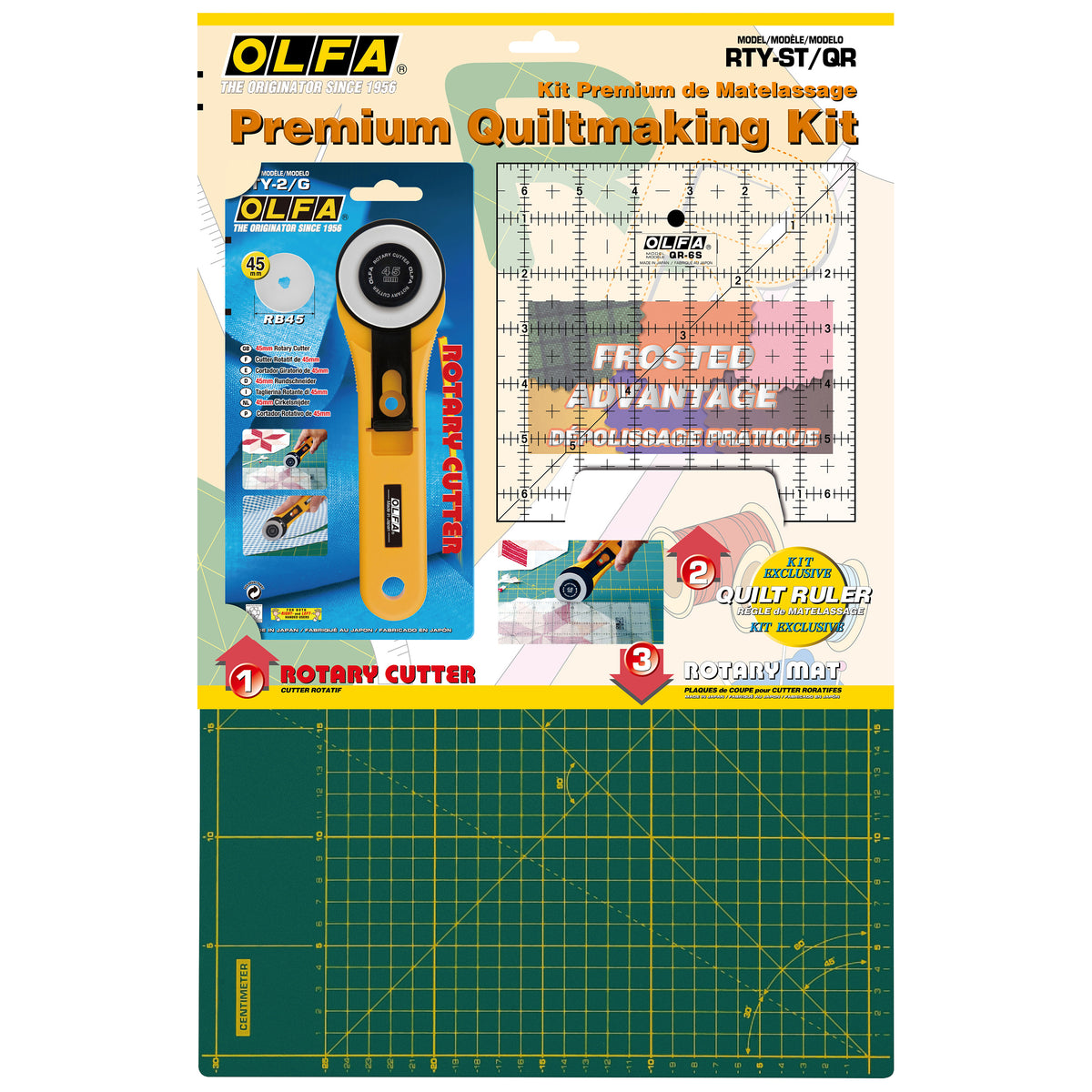 Olfa quilt making kit with green cutting mat, rotary cutter and rulers