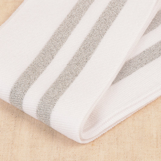 White cuff and waistband trim with silver metallic stripes