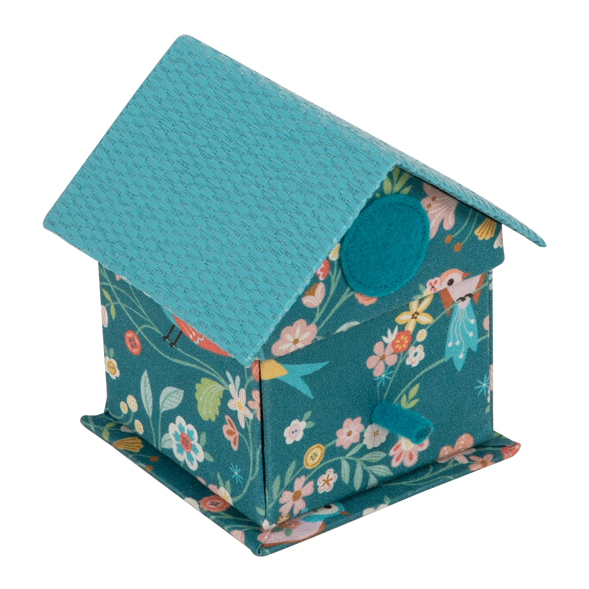 Fabric-covered Victorian house sewing case with bird aviary applique