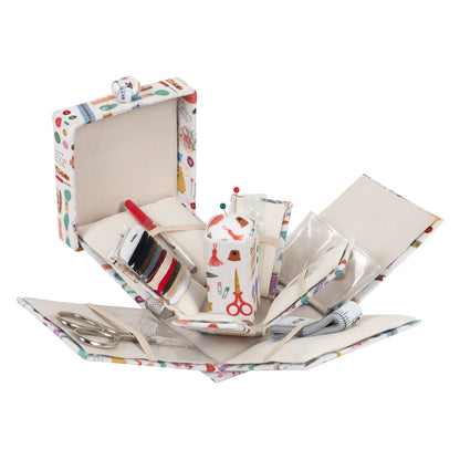 Square Victorian-style fabric covered sewing kit box