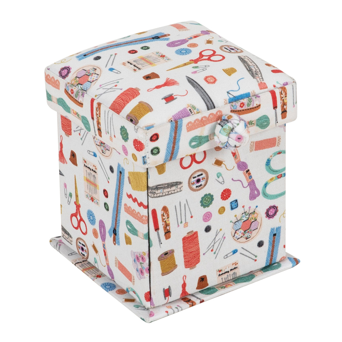 Square Victorian-style fabric covered sewing kit box