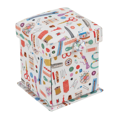 Square Victorian-style fabric covered sewing kit box