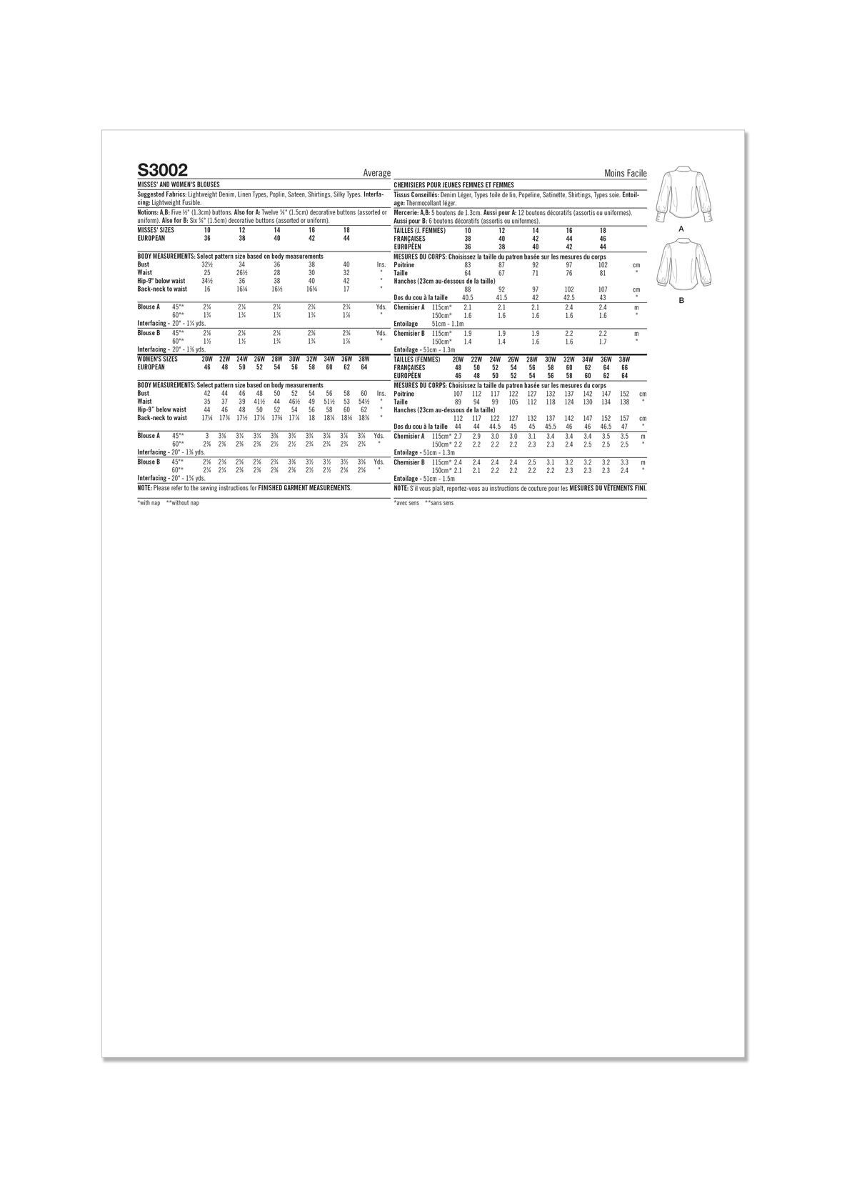 Simplicity S3002 sewing pattern envelope showing tops
