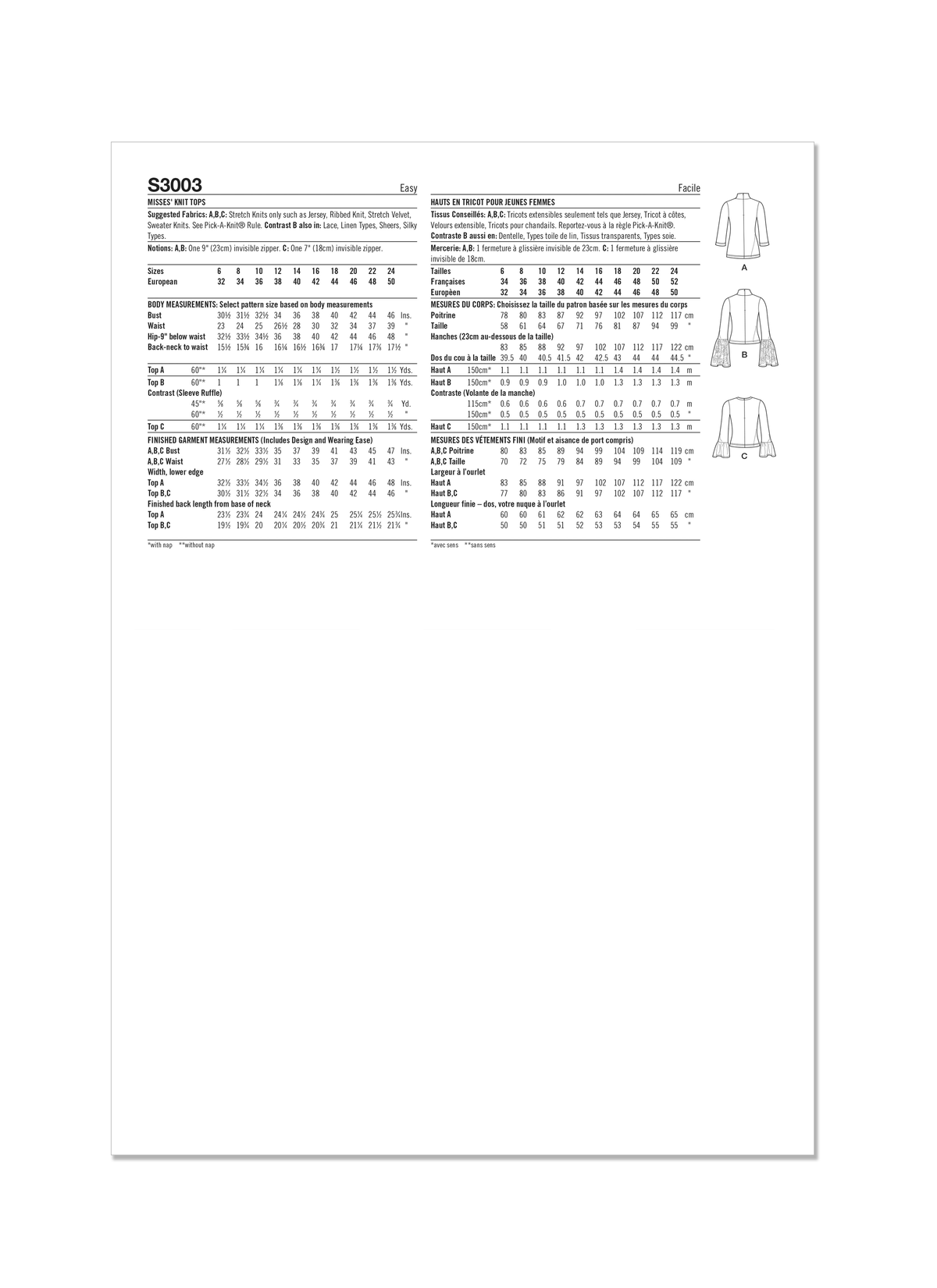 Simplicity S3003 sewing pattern envelope showing tops