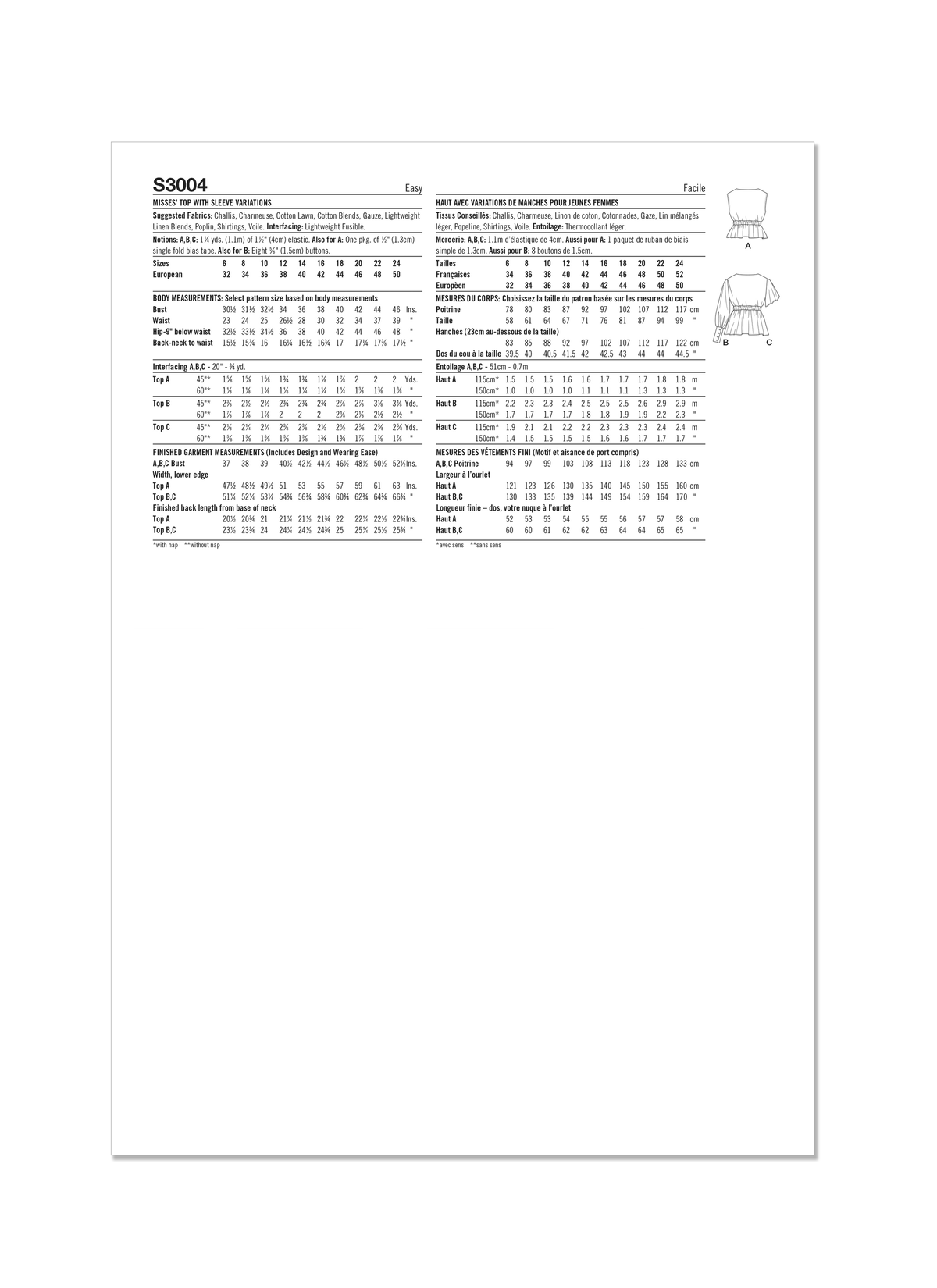 Simplicity S3004 sewing pattern envelope showing tops